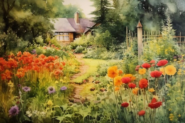 A watercolor of a summer garden in full bloom