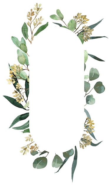 watercolor summer greenery template. eucalyptus golden and green leaves frame