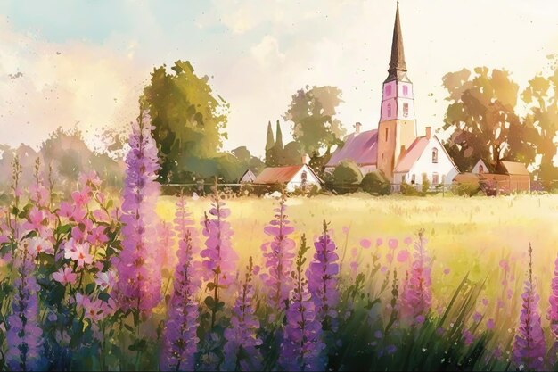 Watercolor summer landscape illustration trees meadow and flowers Ai generated