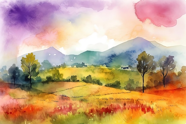 Watercolor summer landscape illustration trees mountains and meadow