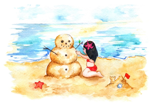 Watercolor summer travel beach sea shore sandman girl