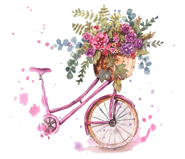 Watercolor Summer Wall Art Digital Print Bicycle and Flowers