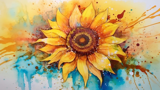 Watercolor sun flower golden alcohol ink Generative AI