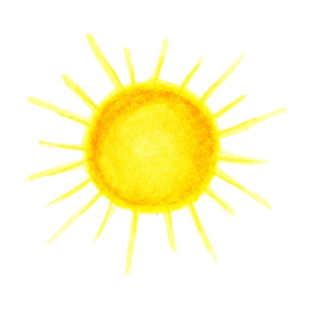 Фото Акварель солнца ручно нарисованный погодный элемент, изолированный на белом фоне солнце для дизайна открыток детских альбомов