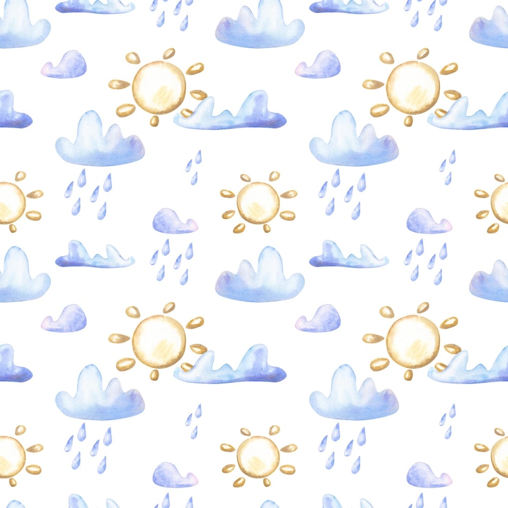 Photo 수채화 태양과 비 흰색 배경에 부분적으로 흐린 weatheryellow 태양