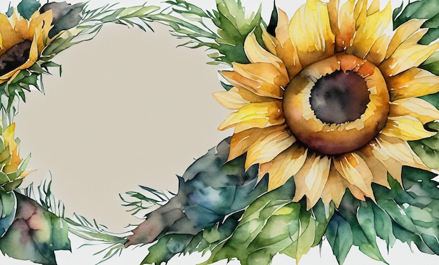 Watercolor sunflower card oval outline