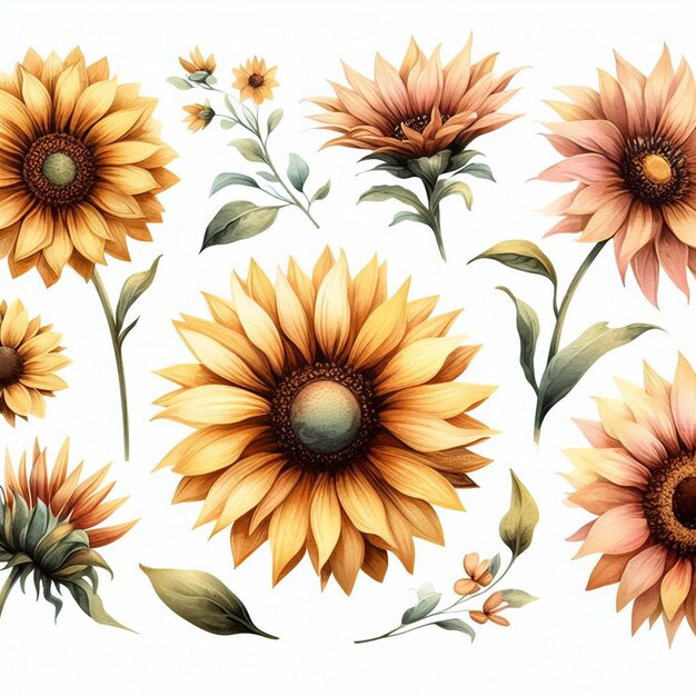 watercolor sunflower clip arts set