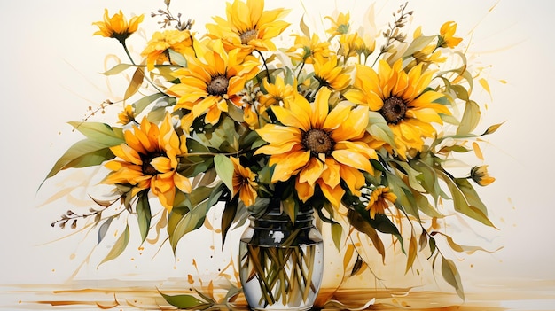 Watercolor sunflower clipart floral bouquet in a jar
