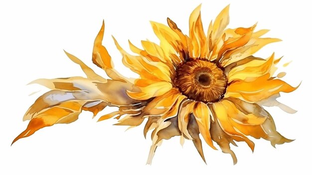 Watercolor sunflower golden alcohol ink on white isolated Generative AI