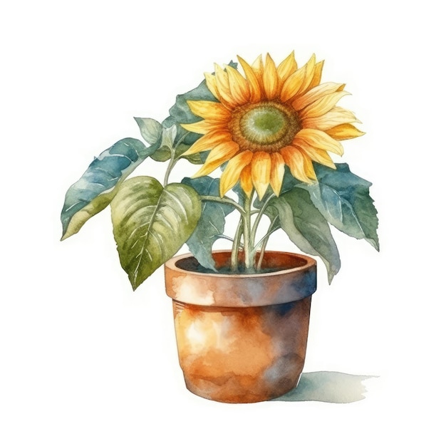 Watercolor of a sunflower in a pot