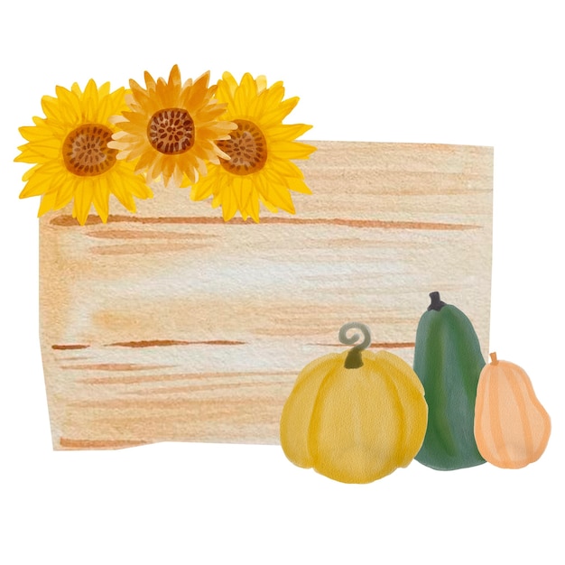Watercolor sunflower and pumpkins floral wooden plate Yellow flowers garden farmhouse wooden sign
