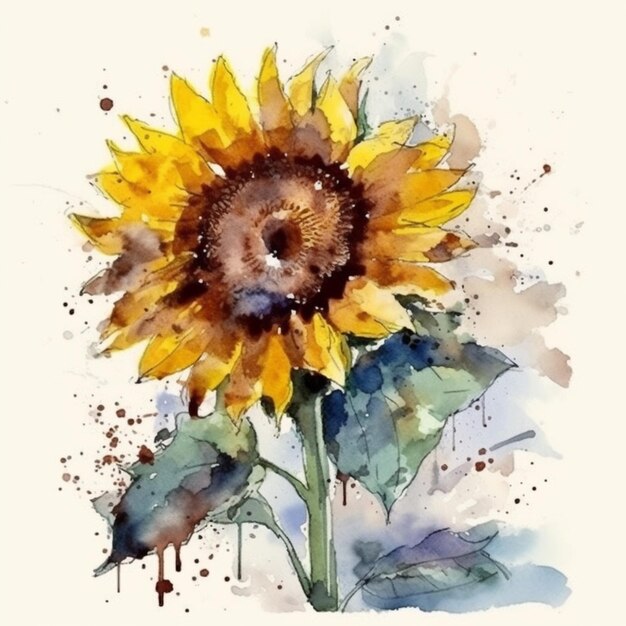 Watercolor of a sunflower with a brown spot on the center.