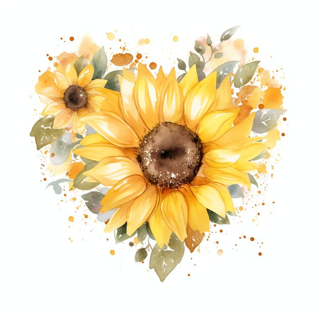 Watercolor Sunflower Yellow sparkly heart shaped Cottagecore style floral garden tea party