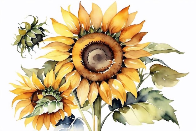 Watercolor sunflowers bouquet with floral green leaves clipart illustration natural flower set