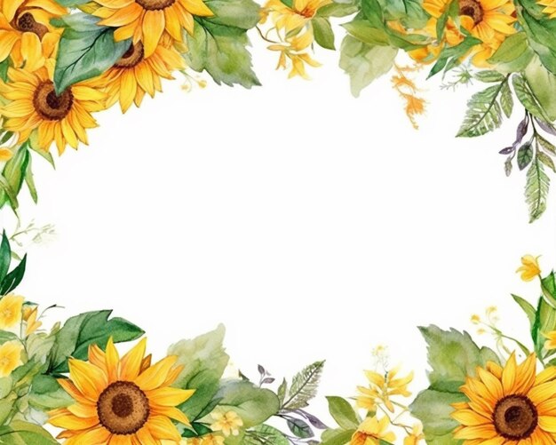 Photo a watercolor sunflowers and leaves frame with a white background generative ai