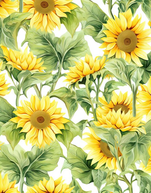 Watercolor sunflowers and leaves pattern in the style of vibrant stage backdrops