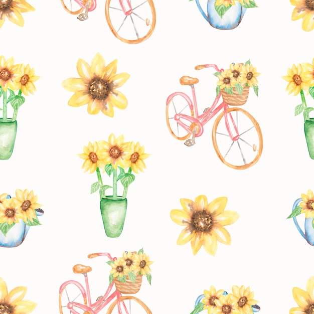 Watercolor sunflowers pattern. Pink bicycle, flowers seamless pattern