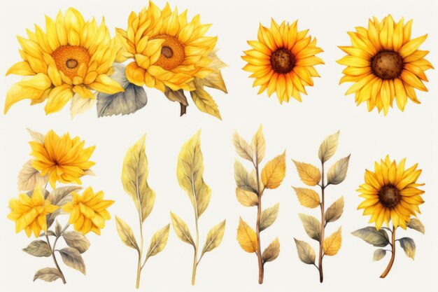 Watercolor sunflowers set on white background