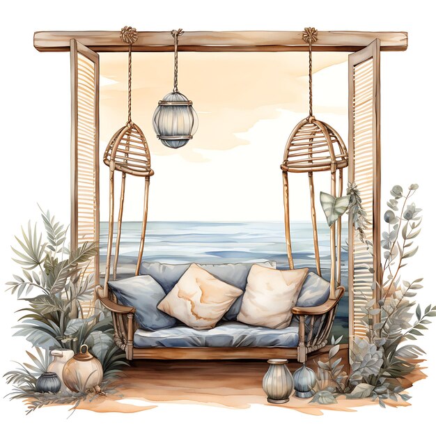 Watercolor of Sunroom With Moonlit Coastal View Soft Blue and Sandy Beige Art Tshrit Sticker Ink