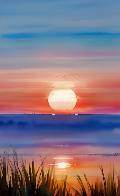 海に沈む水彩の夕日