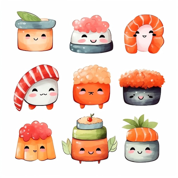 watercolor Sushi Cartoon on White Background A Playful and Appetizing Fusion of Japanese and Digital