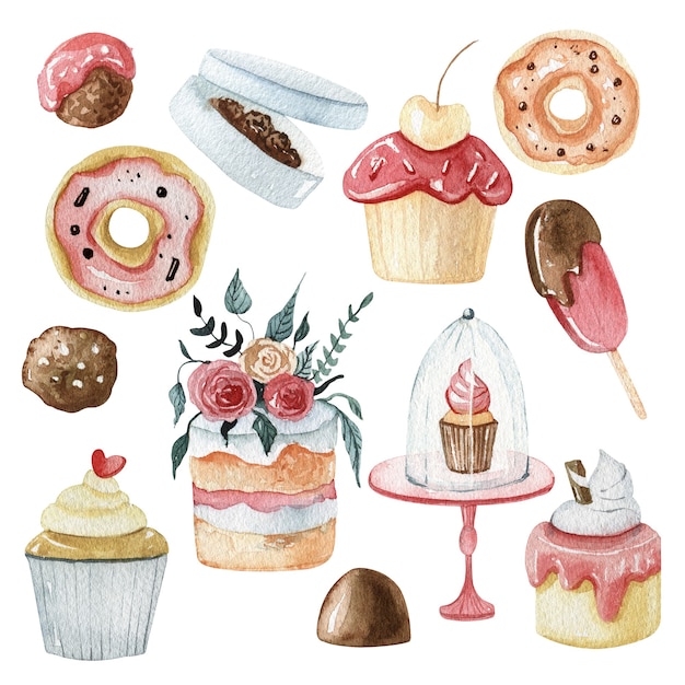 Accumulazione dell'illustrazione del dessert dolce dell'acquerello. illustrazione deliziosa della torta e del cioccolato. matrimonio cioccolato e set di caramelle