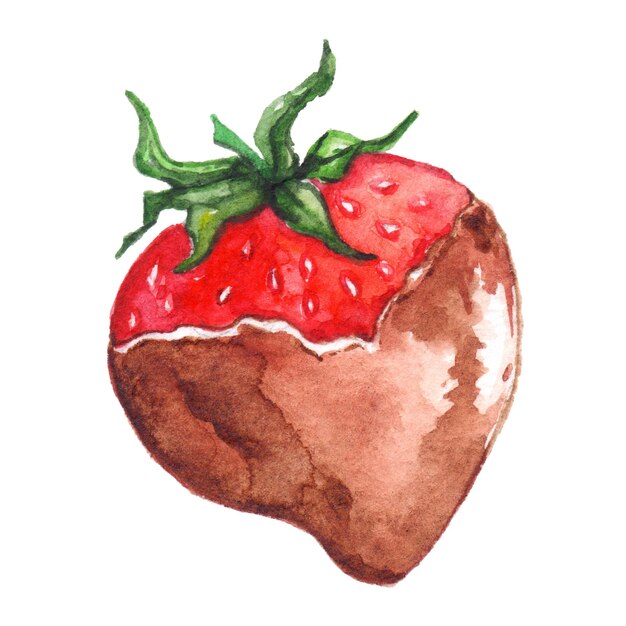 Watercolor sweet red strawberry in chocolate sauce isolated