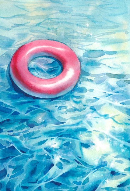 Watercolor swimming pool illustration with floating ring and sparkle water. Hand painted summer artwork. Vacation card design with pool float