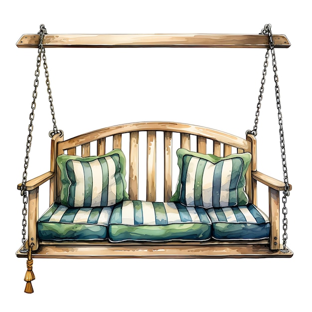 Watercolor of Swing Bench Striped Cushions Metal Chains Classic Watercolor Clipart Tshirt Isolated