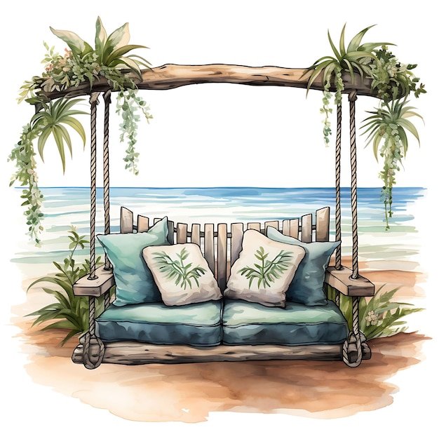 Photo watercolor of swing with beach inspired elements beach themed cushions rop clipart tshirt isolated