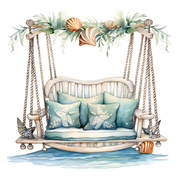 Watercolor of Swing With Coastal Motifs Seashell Cushions Rope Strings Coa Clipart Tshirt Isolated