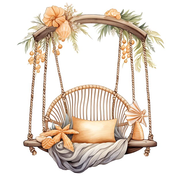 Photo watercolor of swing with seashell accents seashell shaped cushions nautica clipart tshirt isolated