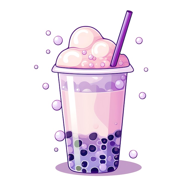 Watercolor of Taro Bubble Milk Tea Pudding Milk Bottle Plastic Boba Pearls Clipart Tshirt Design