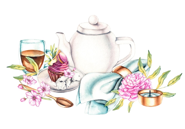 Photo watercolor tea composition with flowers and desserts