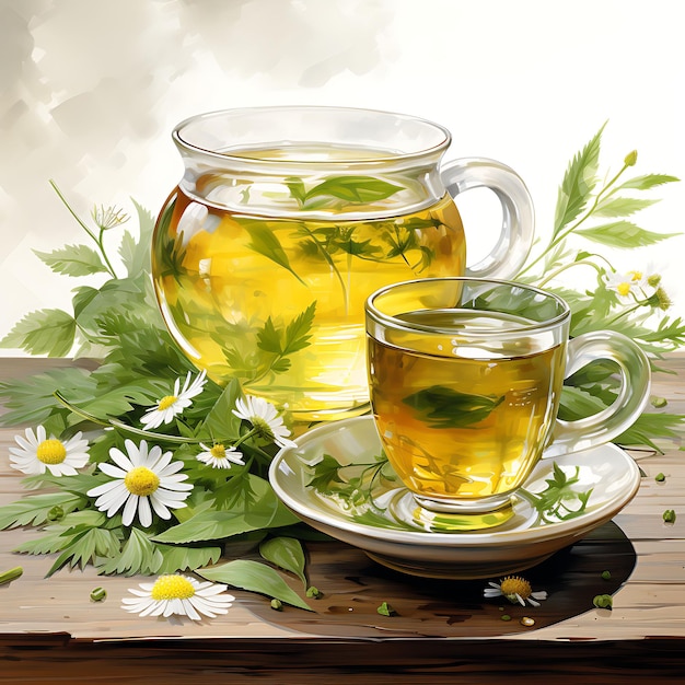 お茶の飲み物の水彩  ⁇ 細な注入を示す 白い背景の絵画