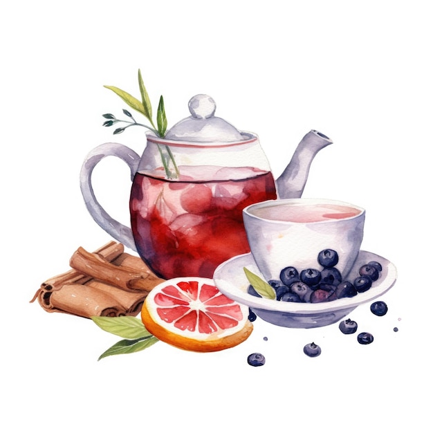 Watercolor tea with teapot Illustration AI GenerativexA