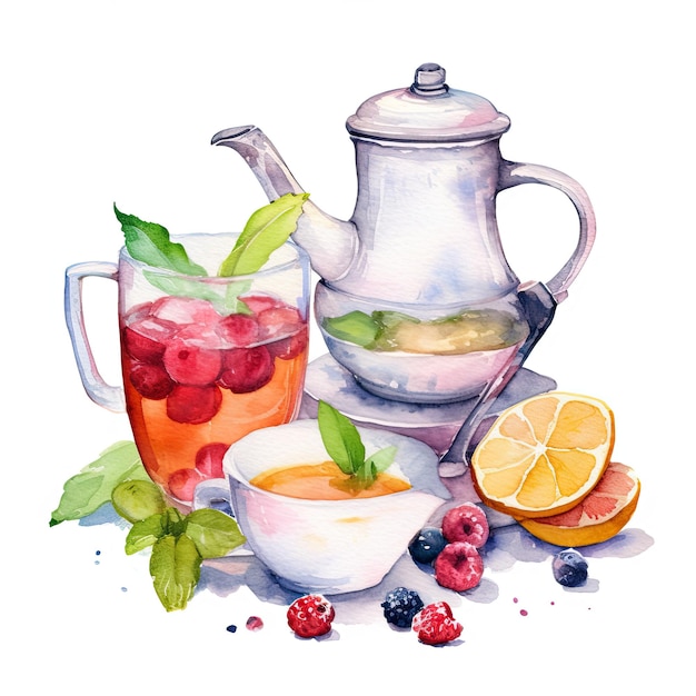 Watercolor tea with teapot Illustration AI GenerativexA