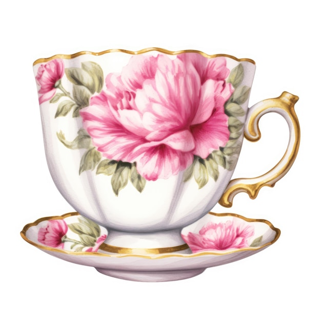 Photo watercolor teacups with pastel pink flowers illustration generative ai