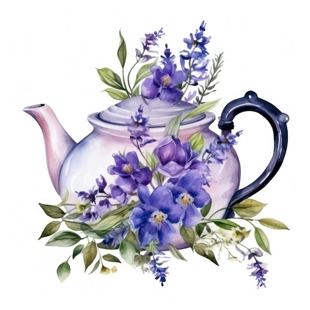 Watercolor teapot with flowers isolated