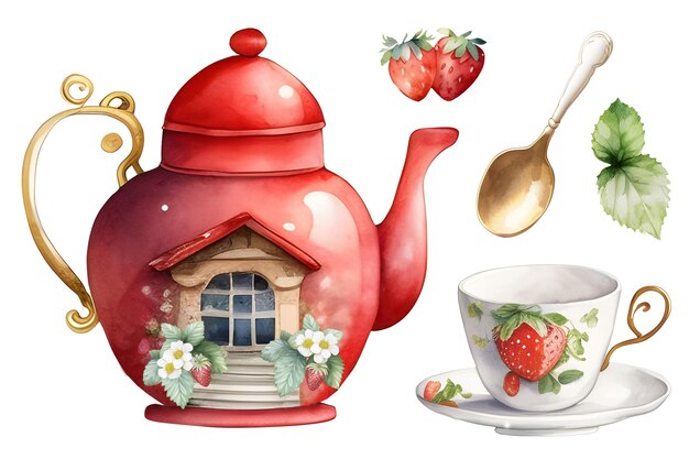 Watercolor teapot with strawberry tea Time o clock AI Generated Strawberry tea party Tea shop cafe t