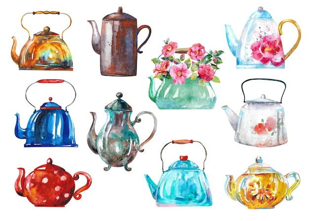 Watercolor teapots Set of old colored teapots on a white background