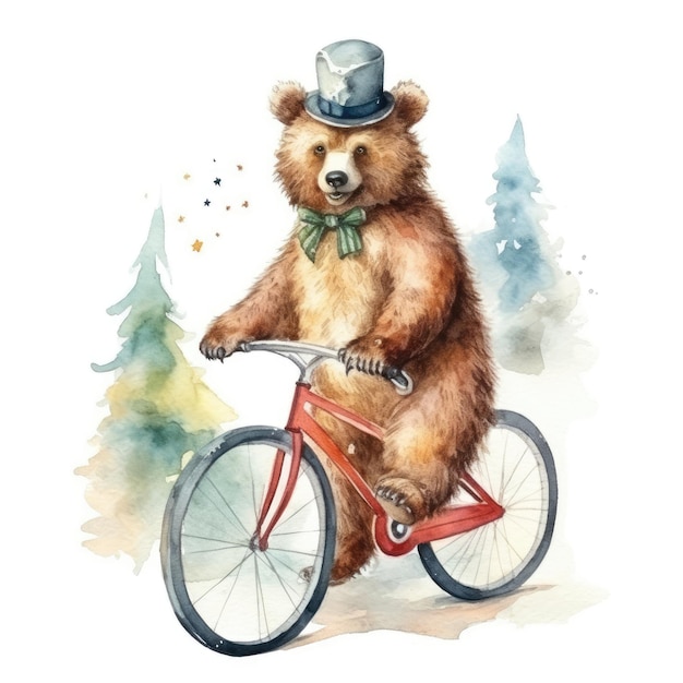 Watercolor teddy bear on a bike