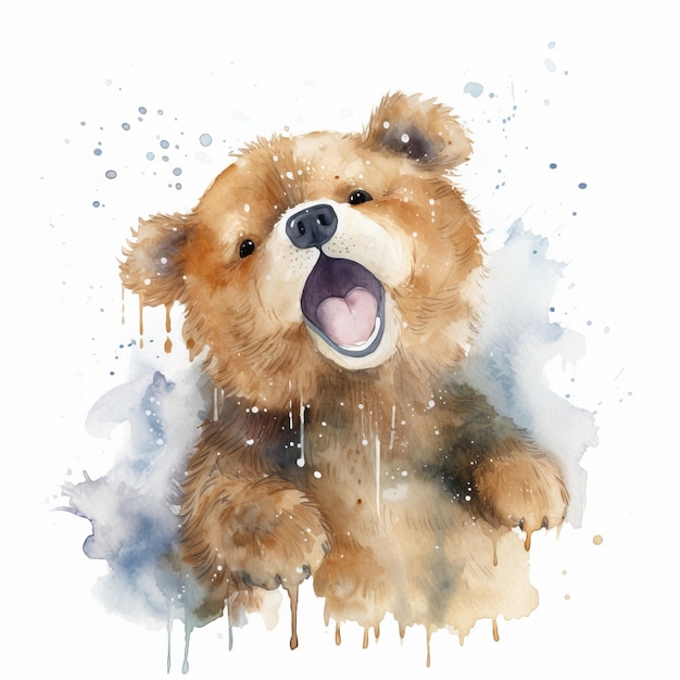 Watercolor teddy bear catching snowflakes on its tongue single white background AI generated