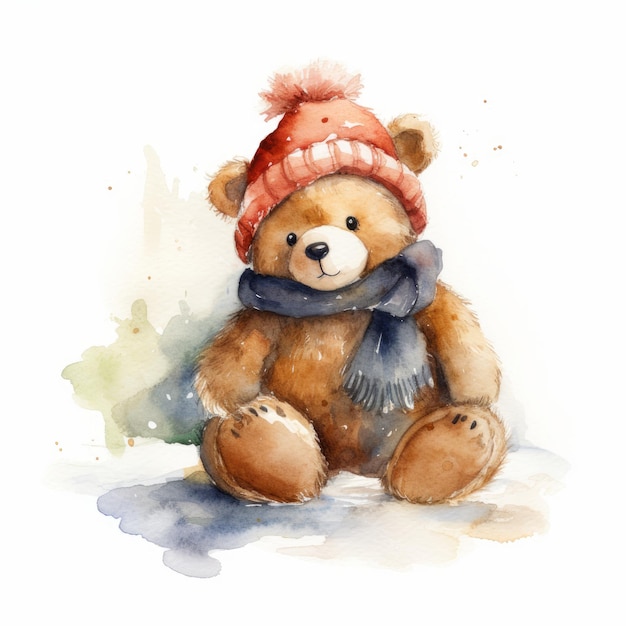 Watercolor teddy bear enjoying a winter carnival single white background AI generated