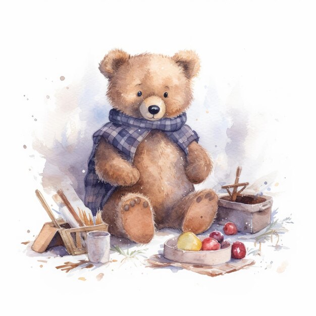 Watercolor teddy bear enjoying a winter carnival single white background AI generated