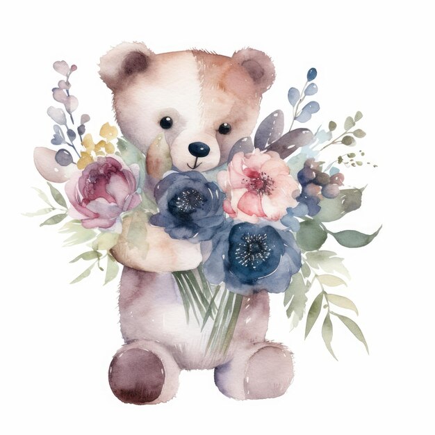 Watercolor teddy bear holding a winter flower bouquet single white background AI generated