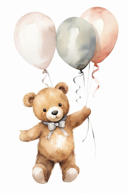 a watercolor teddy bear holds balloons in the air in the style of gray and beige