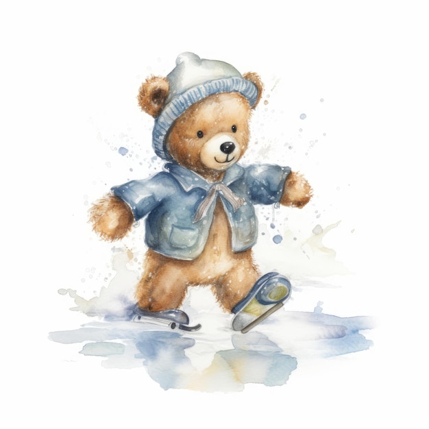 Watercolor teddy bear ice skating on a frozen pond single white background AI generated