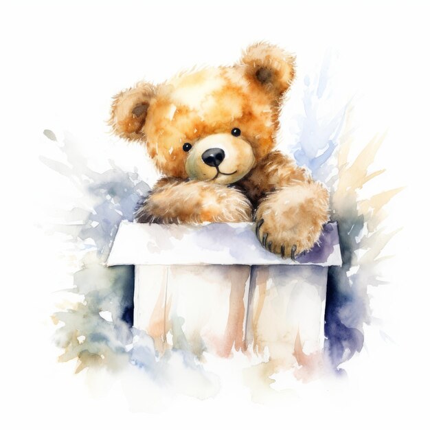Watercolor teddy bear peeking out of a snowcovered mailbox single white background AI generated