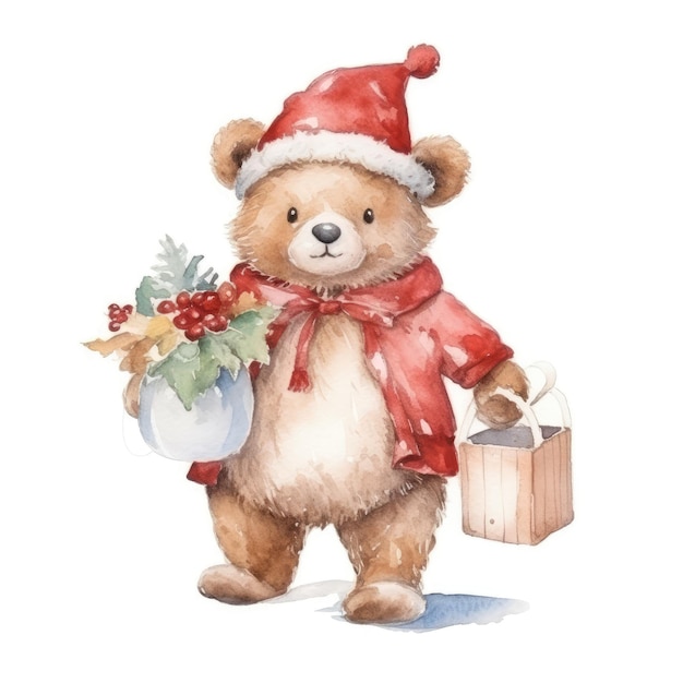 Watercolor teddy bear in santa costume